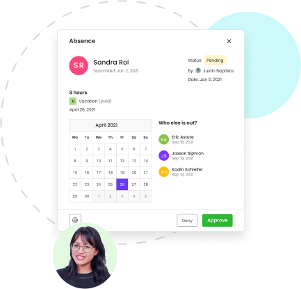 Tablet lying flat with Personelle software calendar on screen with details and statuses on employees' time off requests